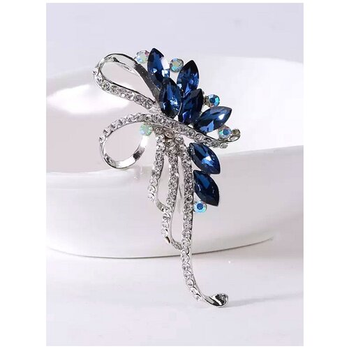 Брошь, искусственный камень, стразы, серебряный, синий