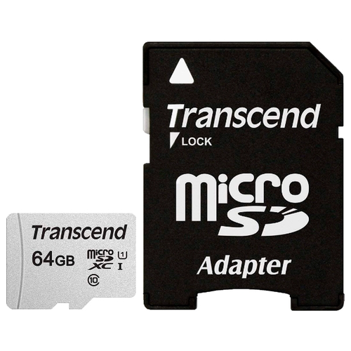 Карта памяти Transcend microSDXC 300S Class 10 UHS-I U1 64GB + SD adapter (TS64GUSD300S-A) карта памяти adata microsdxc 64 гб uhs i u1 r 50 мб с адаптер на sd 1 шт черный