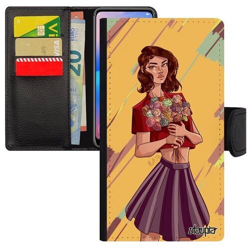 фото Красивый чехол книжка для мобильного // apple iphone 8 plus // "девушка и цветы" розы манга, utaupia, желтый