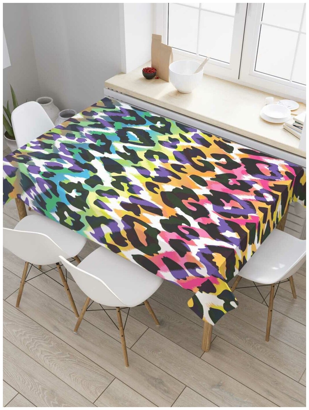 Скатерть прямоугольная JoyArty на кухонный стол "Леопардовая радуга" из оксфорда, 120x145 см