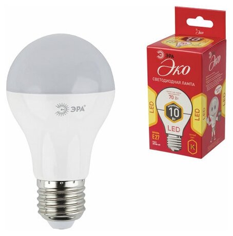 Лампа светодиодная ЭРА, 10 (70) Вт, цоколь E27, грушевидная, теплый белый свет, 25000 ч, LED smdA60-10w-827-E27ECO (цена за 1 ед. товара)