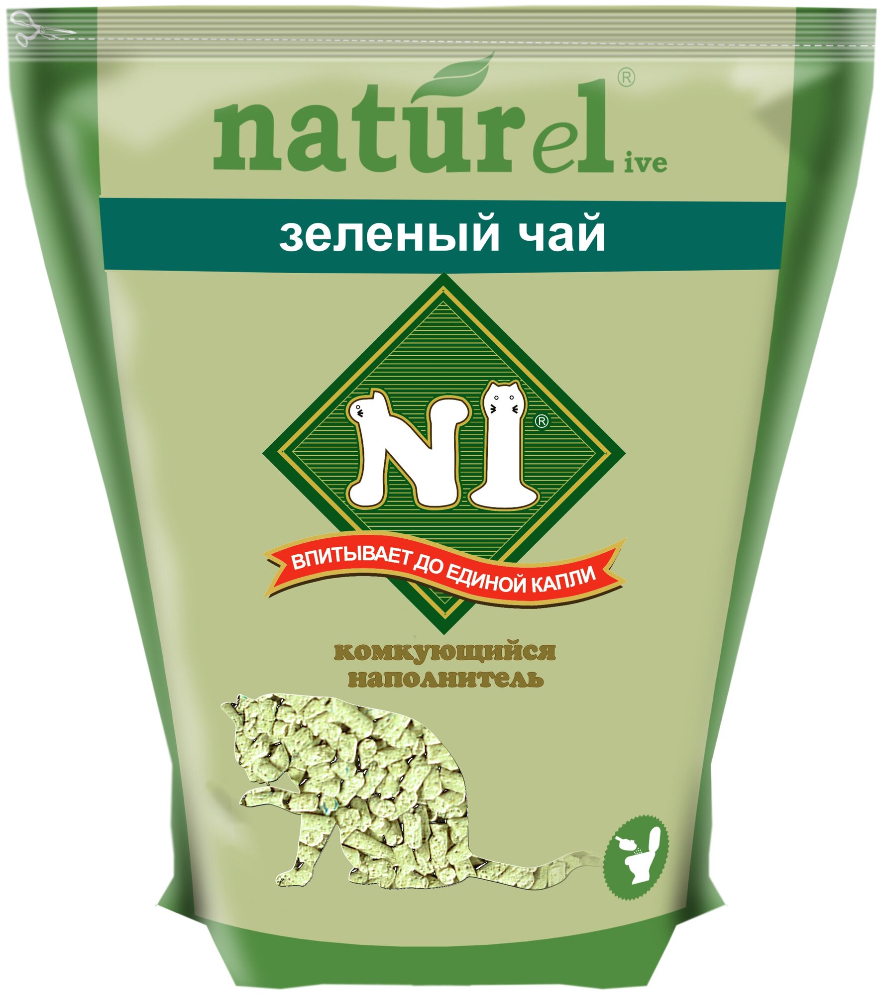 Наполнитель N1 NATUReL Зеленый чай для кошек, древесный, комкующийся, 17.5 л, 7.1 кг