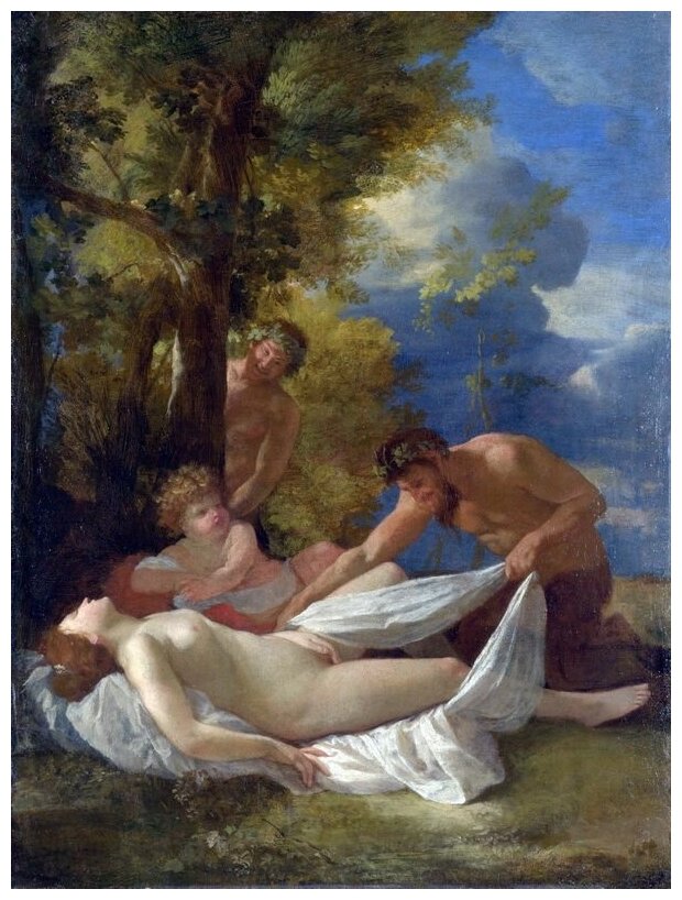 Репродукция на холсте Нимфа и сатиры (Nymph with Satyrs) Пуссен Никола 40см. x 53см.