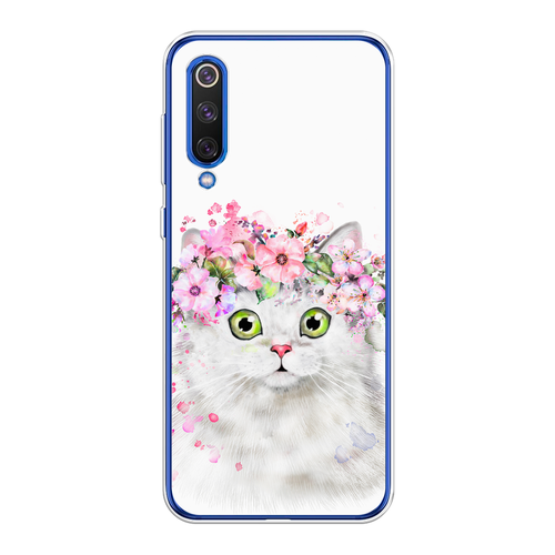Силиконовый чехол на Xiaomi Mi9 SE / Сяоми Mi 9 SE "Белая кошка с цветами"
