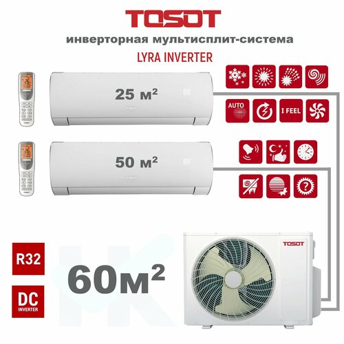 Инверторная мульти сплит-система TOSOT серии LYRA INVERTER R32 на 2 комнаты (25 м2 + 50 м2) с наружным блоком 60 м2 , Попеременная работа