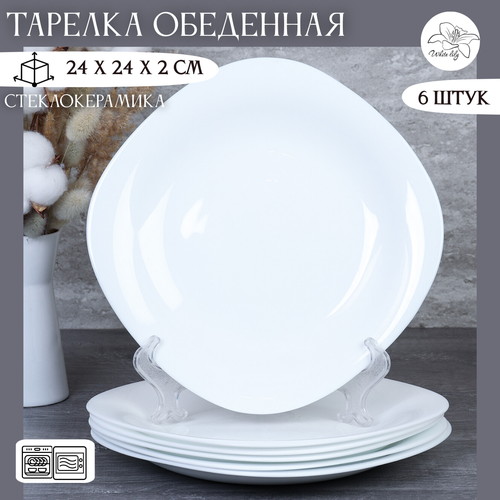 Набор тарелок квадратных 6 штук 24 см белые / Тарелки обеденные
