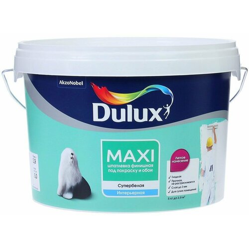 DULUX Maxi шпатлевка под покраску и обои финишная супербелая (5кг) / DULUX Maxi интерьерная шпатлевка под покраску и обои финишная мелкозернистая супе