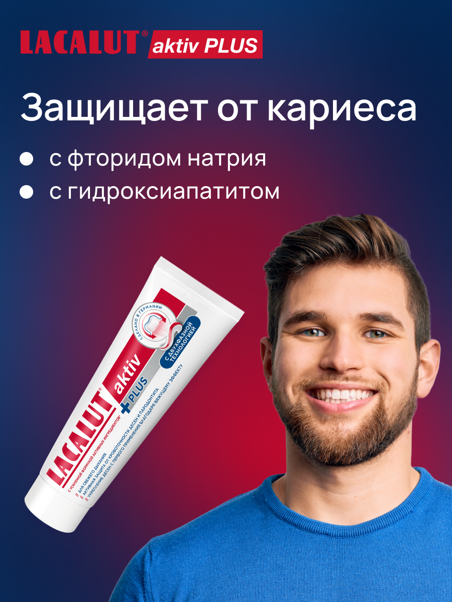 Зубная паста Lacalut Aktiv Plus, для десен, 75 мл, против кровоточивости, антибактериальная — фото 1