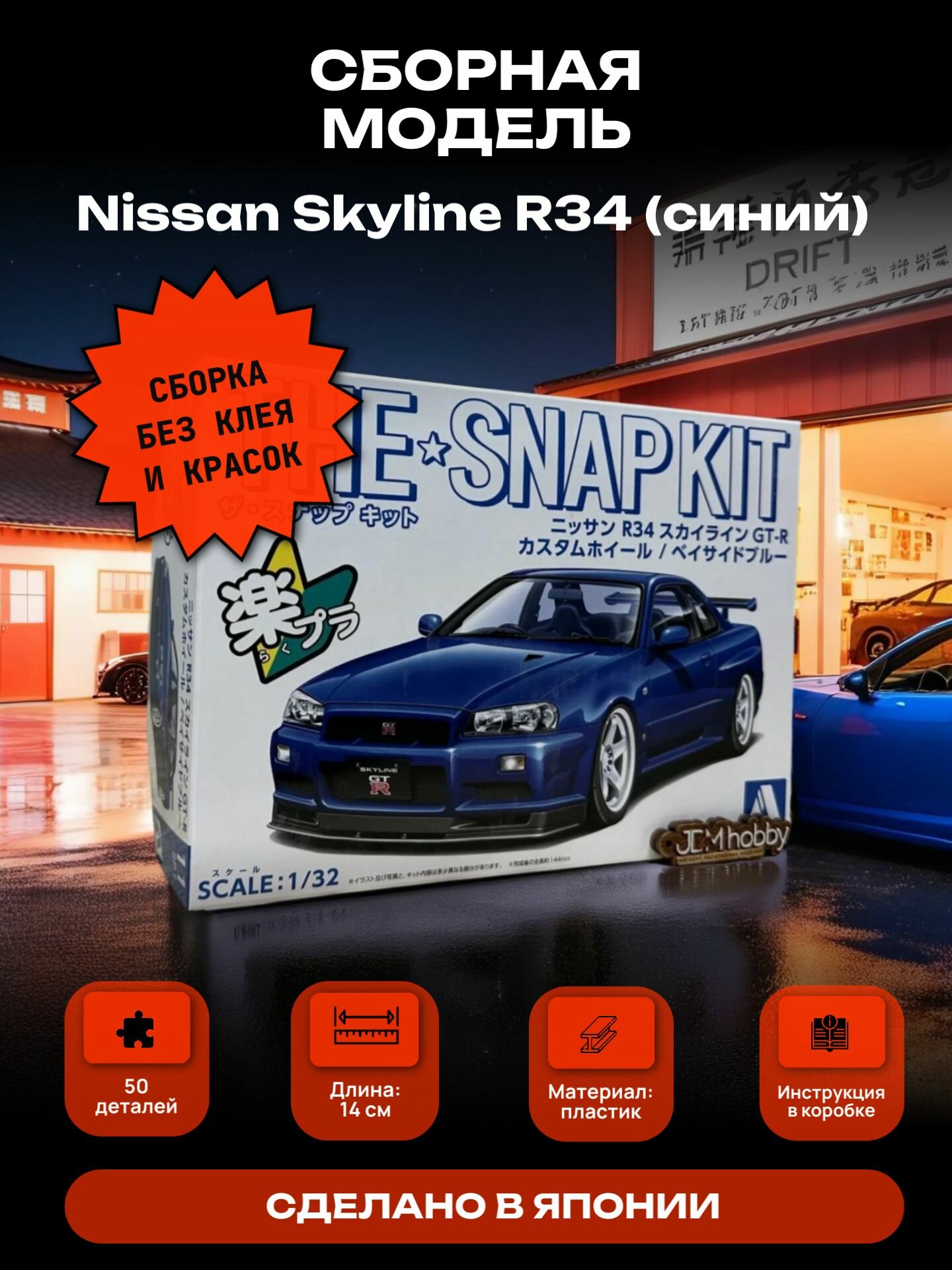 Сборная модель Nissan Skyline R34 GT-R Custom Wheel (Bayside Blue)