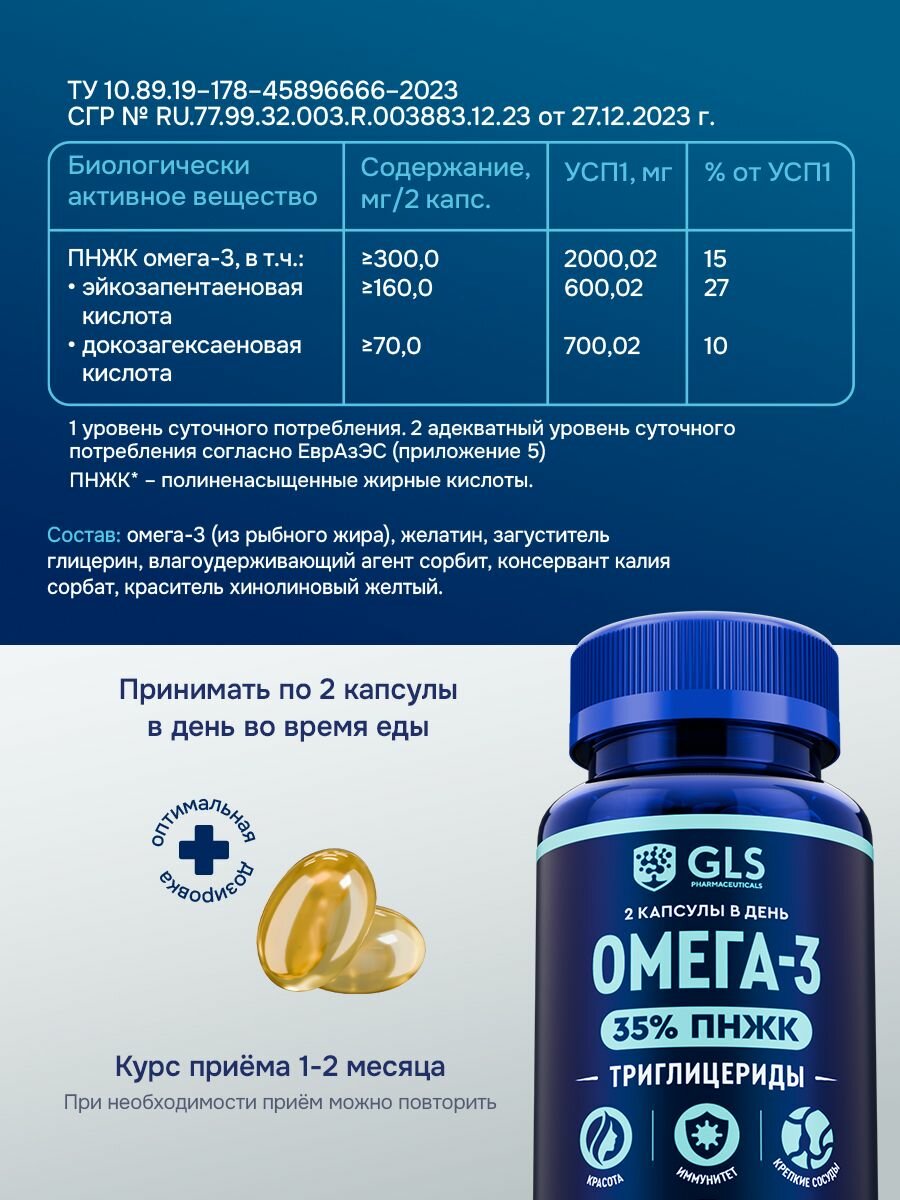 Омега 3 Триглицеридная 35% (omega-3), витамины / бады для иммунитета, красоты, здоровья сердца и сосудов, 60 капсул — фото 1
