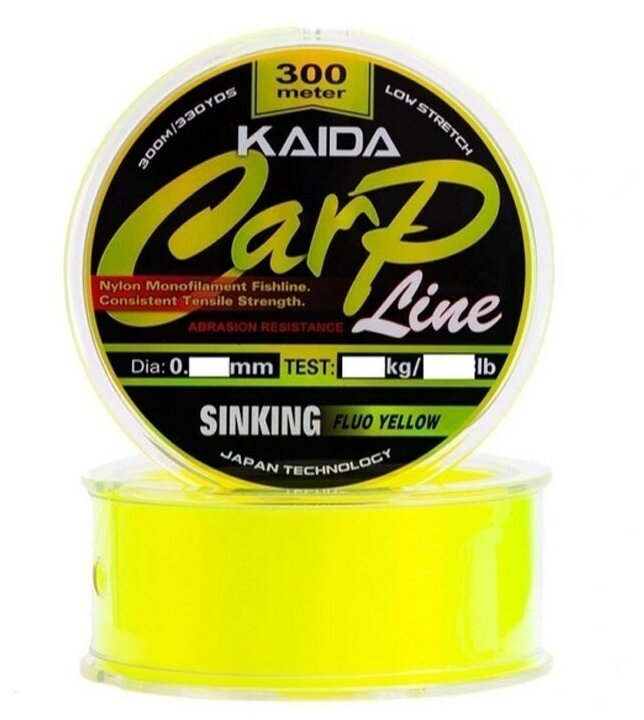 Монофильная леска для рыбалки KAIDA Леска CARP LINE Sinking 300м Fluo Yellow 0.309мм 7.59кг 16.73Lb 1 шт. по 300 м; 0.309 мм
