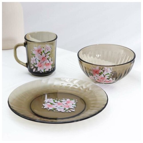фото Набор для завтрака "весна" (тарелка, пиала, кружка) дымка 2460423 gidglass