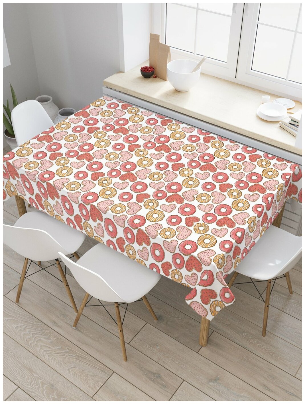 Скатерть прямоугольная JoyArty на кухонный стол "Пирожные сердечком" из оксфорда, 180x145 см