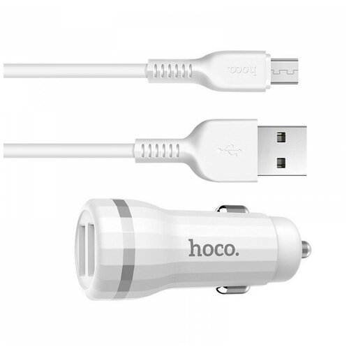 фото "блок питания автомобильный hoco z27 staunch, 2,4 a, 2 usb, кабель micro usb, цвет белый"