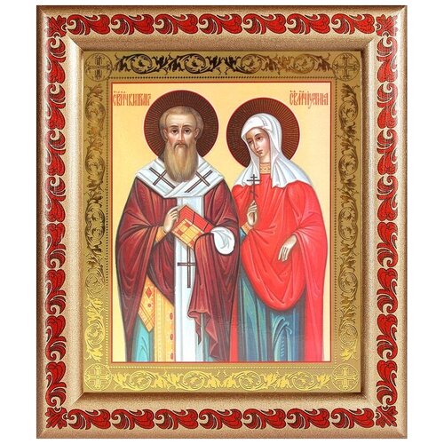 Икона Священномученик Киприан и мученица Иустина, рамка с узором, 19х22.5 см