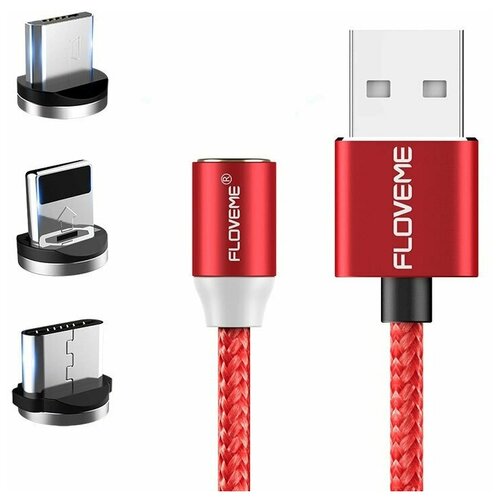 Магнитный кабель зарядки Floveme 3-в-1 (microUSB + type-C + Lightning), 1.0m, красный магнитный держатель для телефона на панель floveme s1