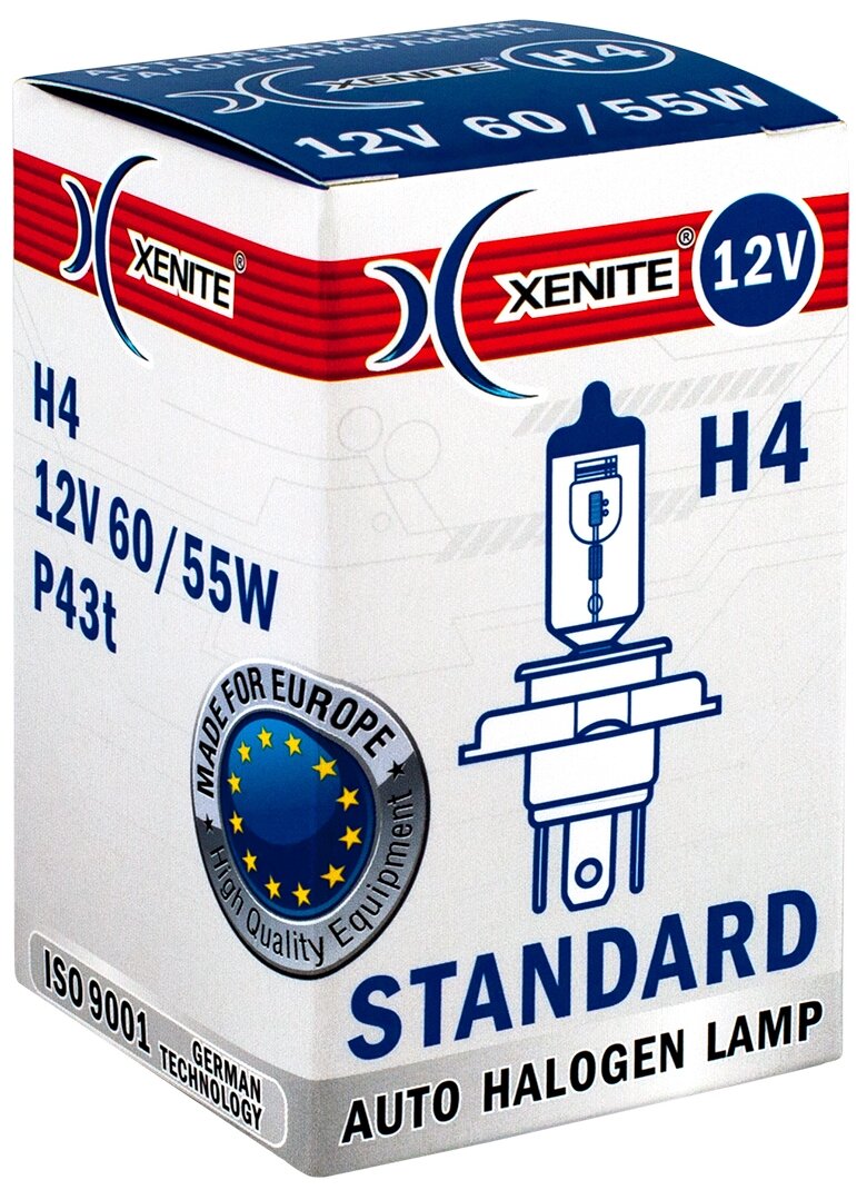 Лампа галогеновая головного света H4 P43t 3200K Standart 12V 60/55W картон 1шт 1007013