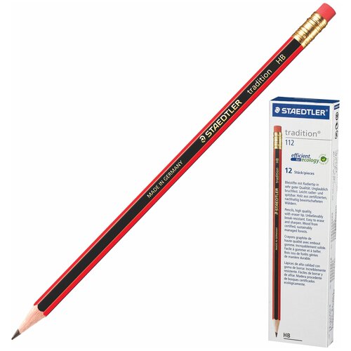 фото Карандаш чернографитный staedtler (германия), 1 шт., "tradition", hb, с резинкой, корпус черно-красный, заточенный, 112-hb