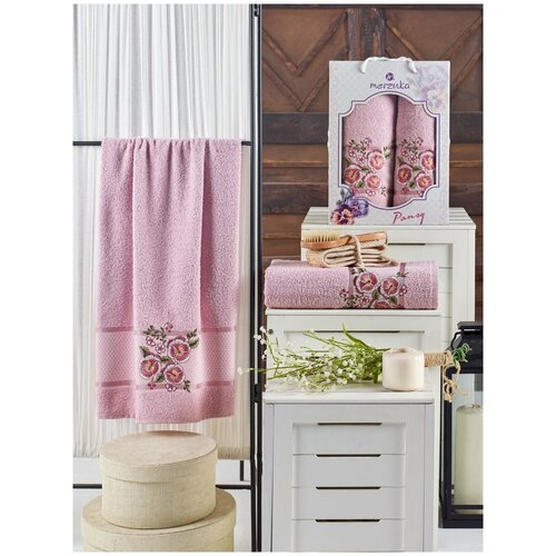 фото Подарочный набор полотенец для ванной 50х90, 70х140 merzuka pansy хлопковая махра светло-розовый merzuka (турция)
