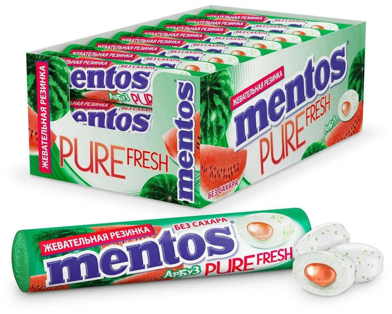 Жевательная резинка Mentos Pure Fresh Ментос Арбуз, 24 шт по 15,5 г