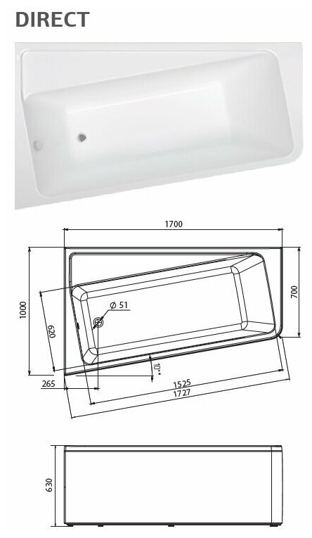 Ванна акриловая Marka One "DIRECT" 170*100 L белая (01дир1710л)