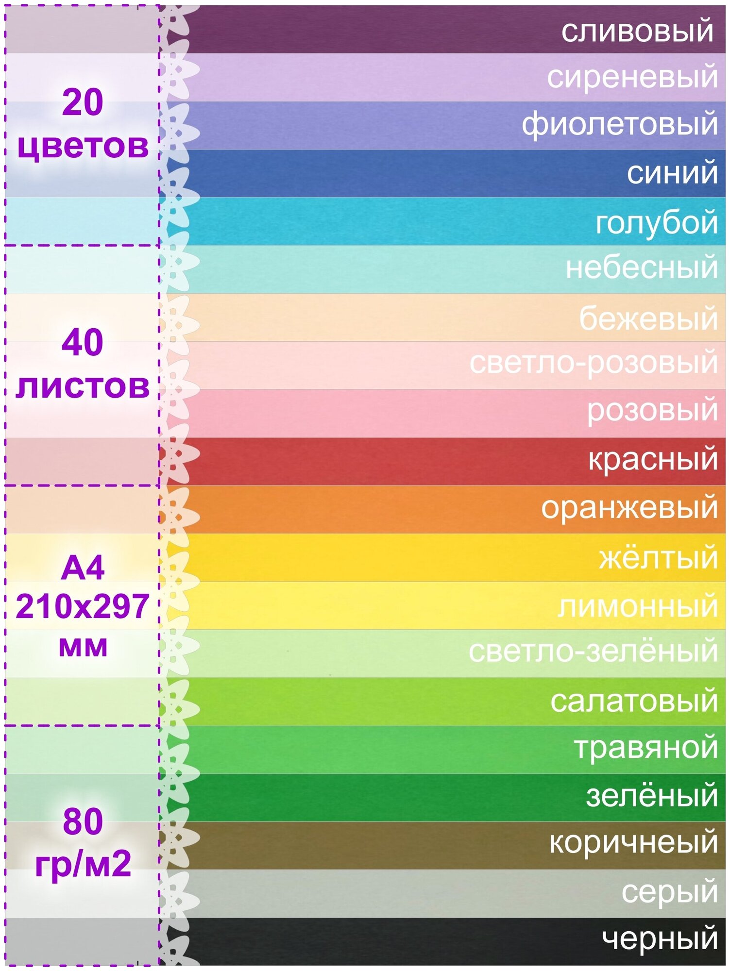 Набор цветной двухсторонней бумаги, цветная бумага, 20 цветов, 40 листов, А4, Артмикс