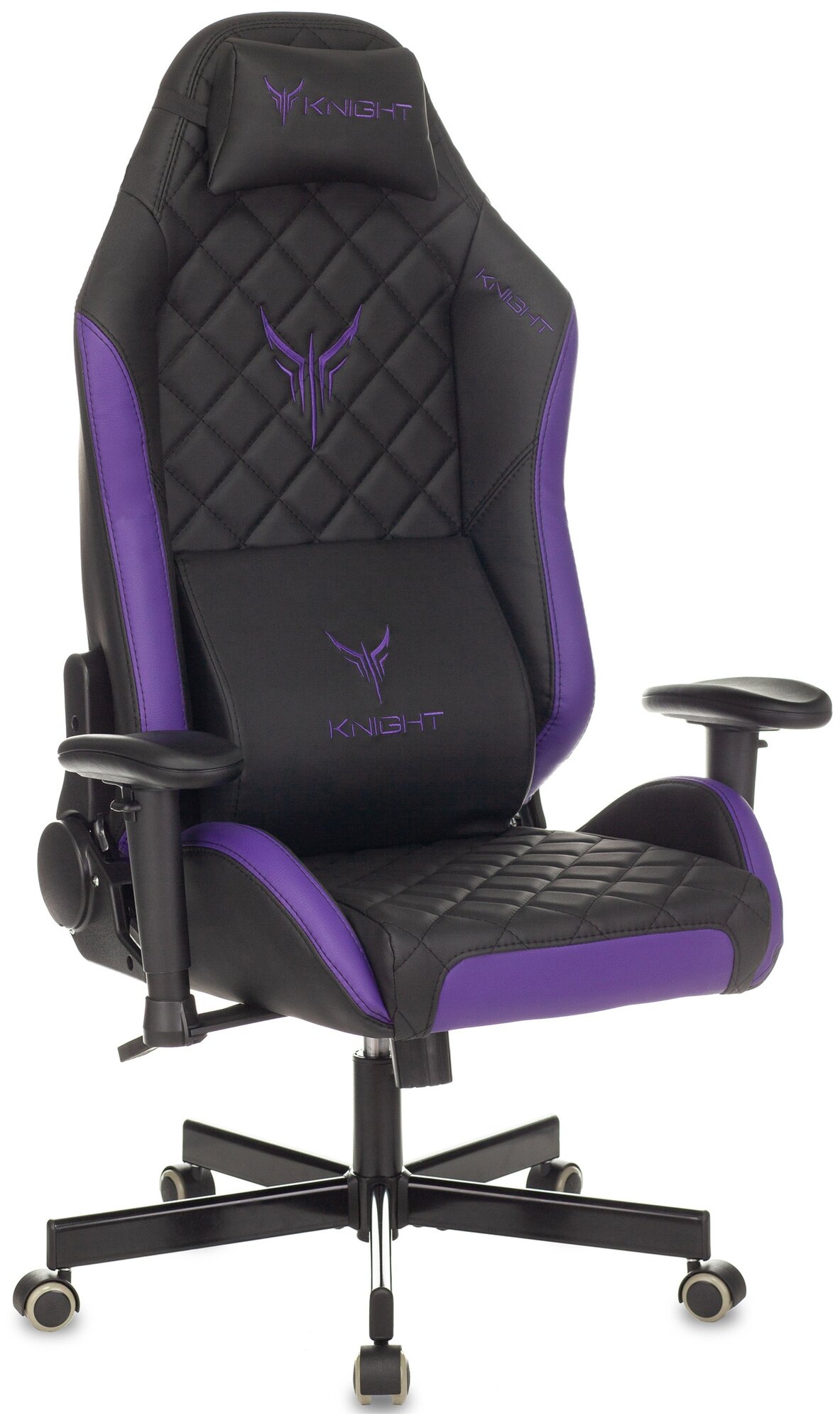 Кресло игровое Knight EXPLORE черный / фиолетовый ромбик, экокожа / Компьютерное геймерское кресло, 2 подушки, крестовина металл