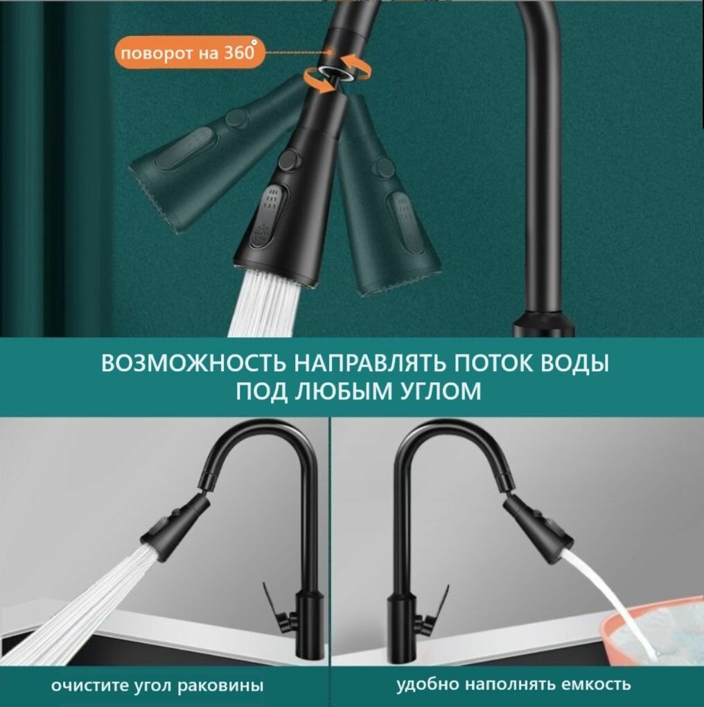 Кухонные Аэраторы Xiaomi Аэратор для смесителя раковины, вращающийся, латунь/пластик, 3 режима, черный матовый