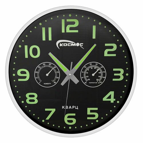 Настенные часы светящиеся в темноте круглые классические с отображением температуры и влажности 30 см прмт-103331 чёрный циферблат белый ободок Батарейка в комплекте 2300₽