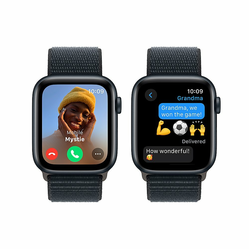 Умные часы Apple Watch Series SE 2023 44 мм из алюминия цвета «тёмная ночь», нейлоновый браслет цвета «тёмная ночь» — фото 1