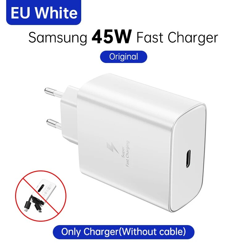 SAMSUNG 45 Вт Зарядное устройство типа C Оригинальный адаптер Samsung S24 Ultra PD USB C Samsung Galaxy S23 S22 S21 Ultra Super Charge Zflip 5, White 45w EU Plug