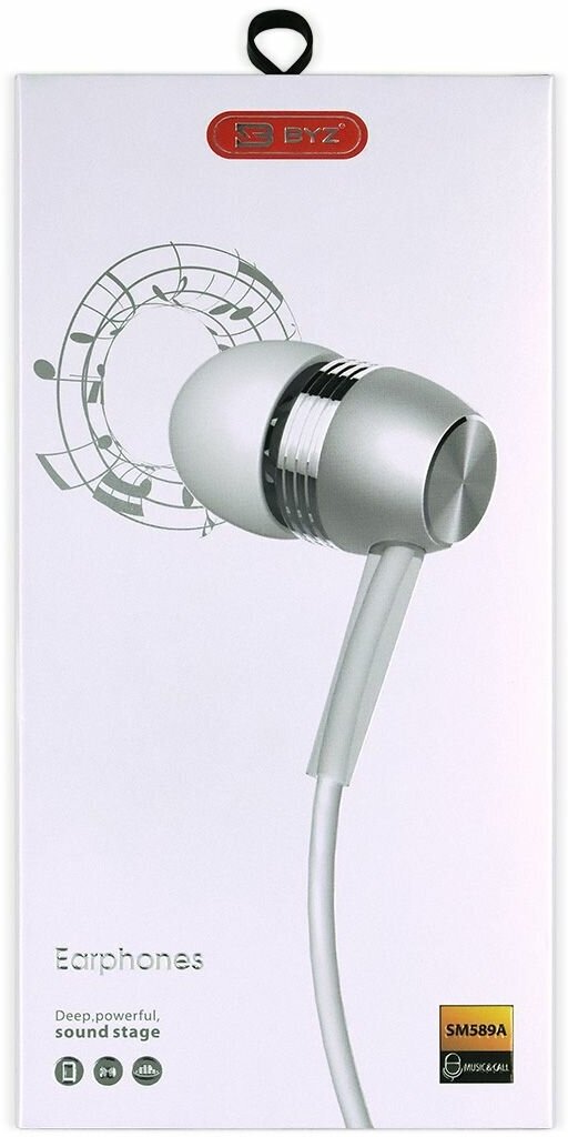 Наушники проводные BYZ SM589A вакуумные с микрофоном, 1,2 метра, белый