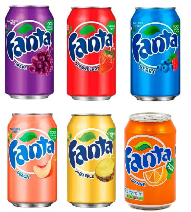 Набор Fanta (Фанта) со вкусом Ананас, Виноград, Персик, Клубника, Ягоды, Апельсин США, (6 банок по 355 мл)