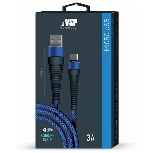 Дата-кабель BoraSCO USB - Micro USB, 3А, 1м, Fishbone, в нейлоновой оплетке, витой, темно-синий дата кабель borasco usb type c 3а 1м fishbone в нейлоновой оплетке витой черный