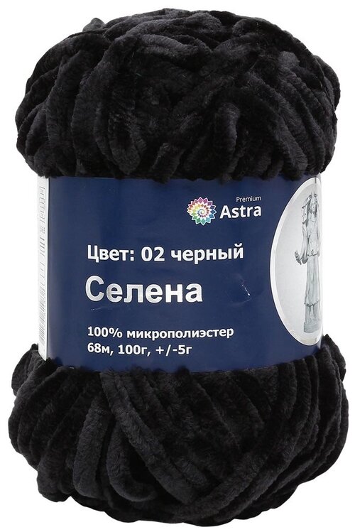 Пряжа для вязания Astra Premium Селена, 100 г, 68 м (100% микрополиэстер) (02 черный), 3 мотка