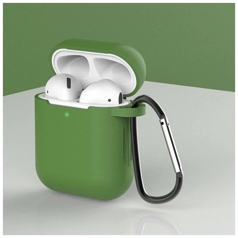 Чехол силиконовый для наушников Apple AirPods 1/2 с карабином - Зеленый