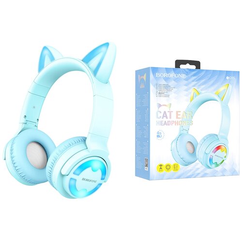 Наушники Borofone BO15 с ушками беспроводные внешние полноразмерные складные с подсветкой 250mAh голубые 149000₽