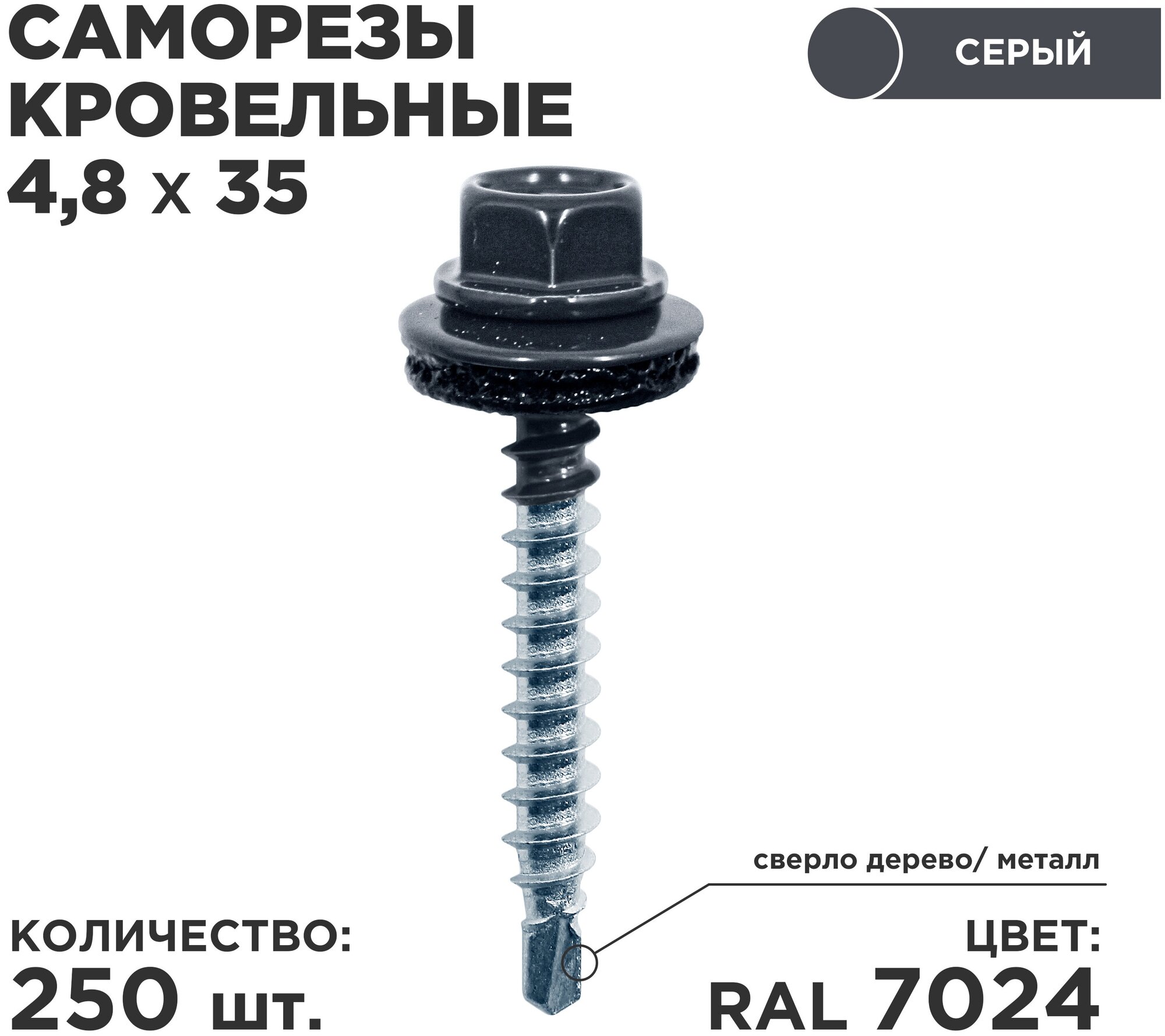 Саморез кровельный 4.8*35 RAL 7024. Количество: 250 шт. DAXMER