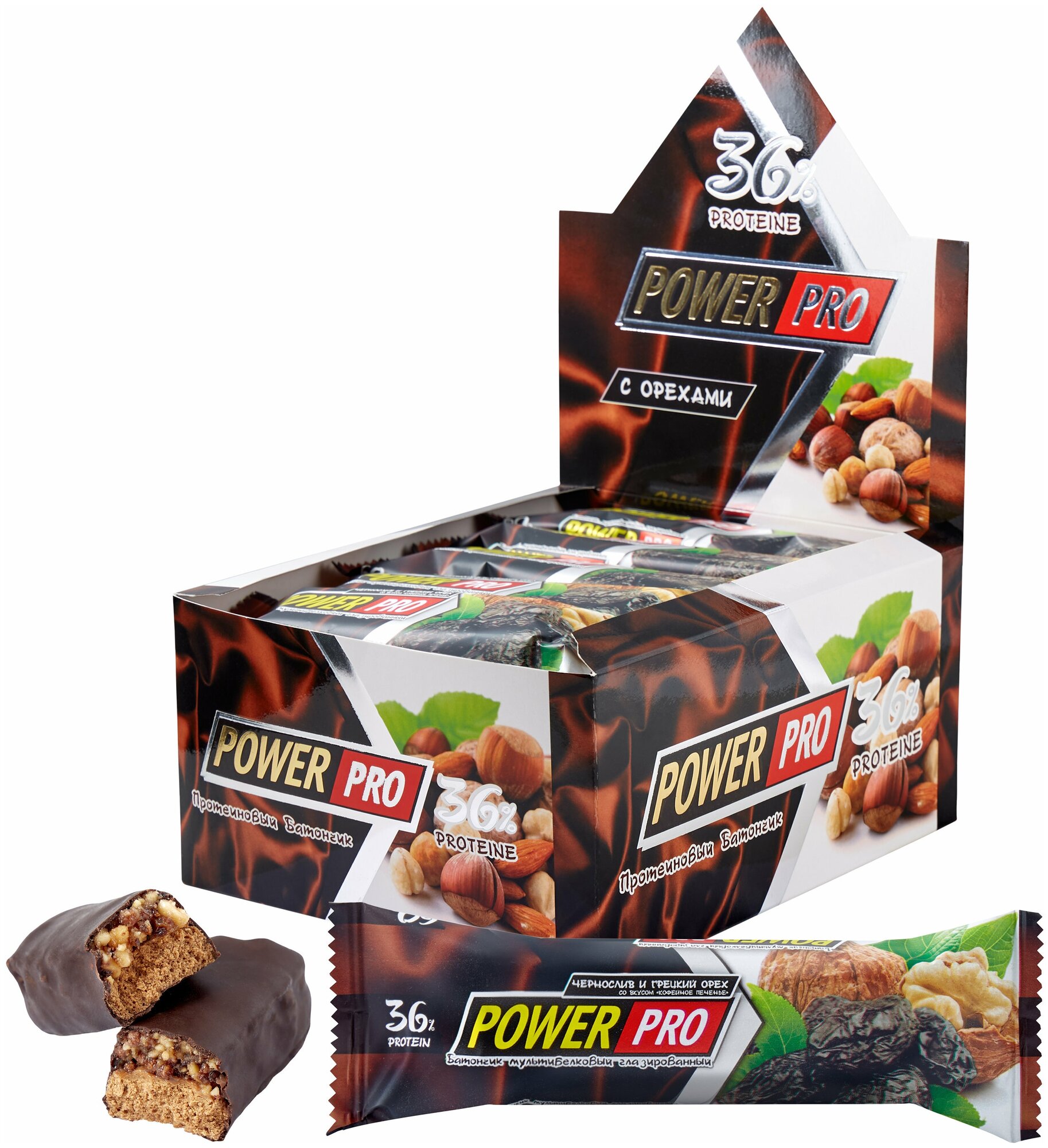 Батончики Power Pro с цельными орехами и фруктами 60 г, 20 шт, вкус: кофейное печенье