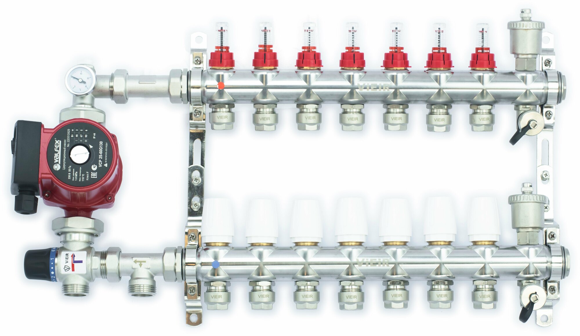 Комплект для тёплого пола на 7 контуров с насосом (Коллектор VR116-07AKN на 07 контуров, Насос циркуляционный , Евроконусы, Насосно-Смесительный узел VR204A)