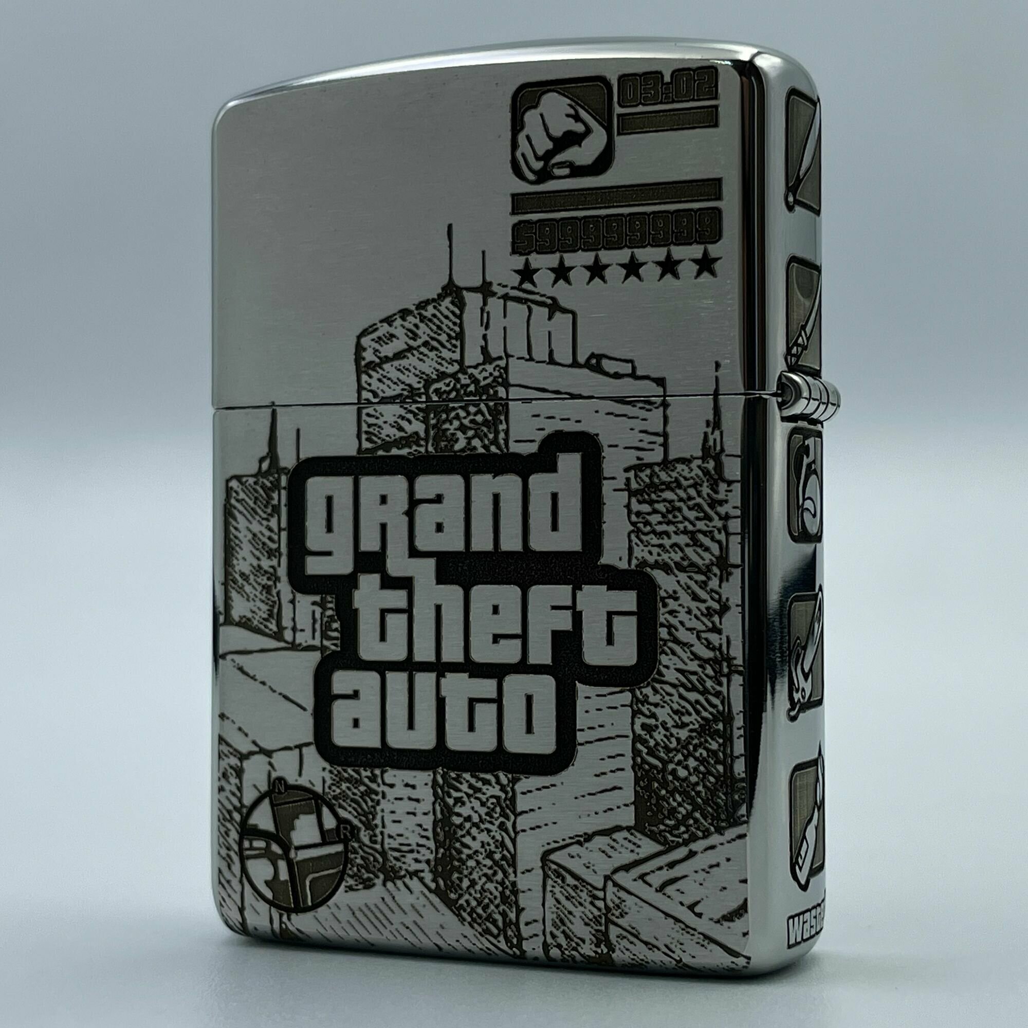 Зажигалка бензиновая Zippo Armor Хром с гравировкой Grand Theft Auto. - фотография № 2