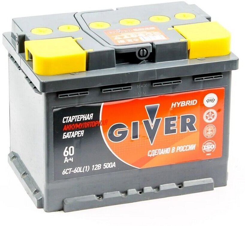 Автомобильный аккумулятор GIVER 60 Aч. 500А. Прямая полярность.