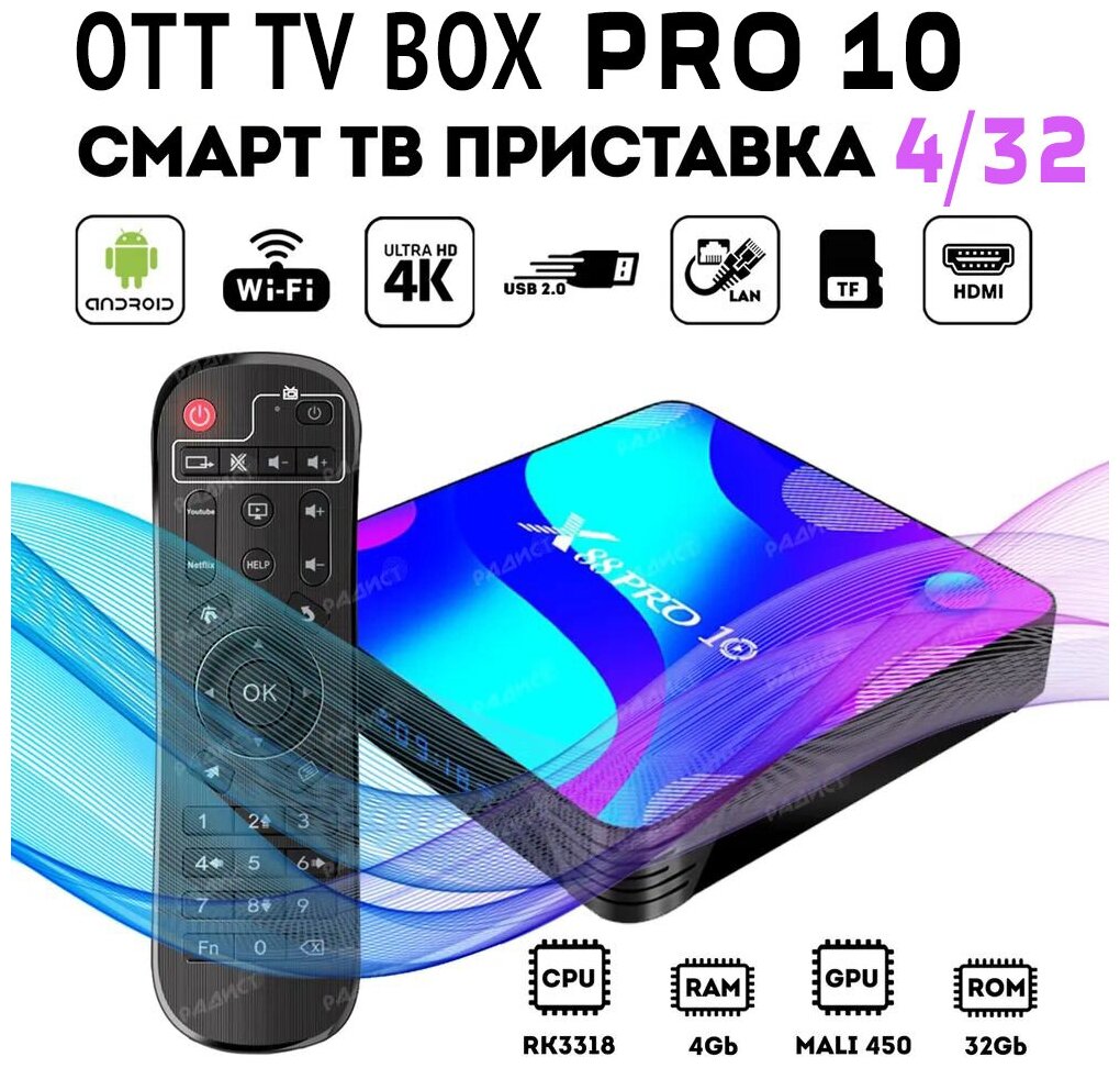 ТВ-приставка Smart ANDROID OTT TV BOX PRO 10 Multimedia Player / Медиаплеер 4Gb / 32Gb