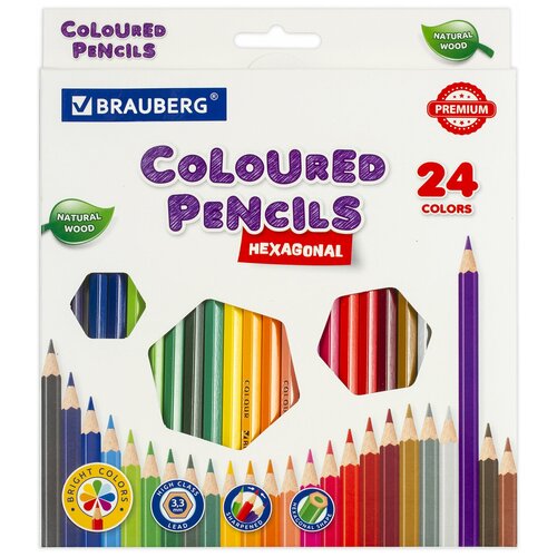 Карандаши цветные BRAUBERG PREMIUM, 24 цвета, шестигранные, грифель мягкий 3.3 мм, 181658