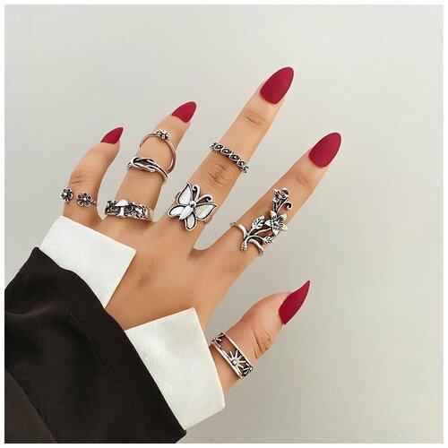 Комплект колец Цветок/Бабочка/Солнце be yourself, 8 шт., серебристые