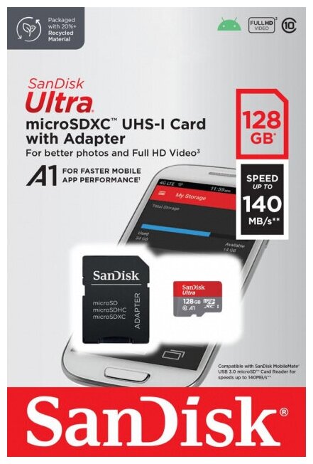 Карта памяти MicroSDXC 128GB SanDisk Ultra Class 10, UHS-I, R 140 МБ/с, без адапт - фото №5