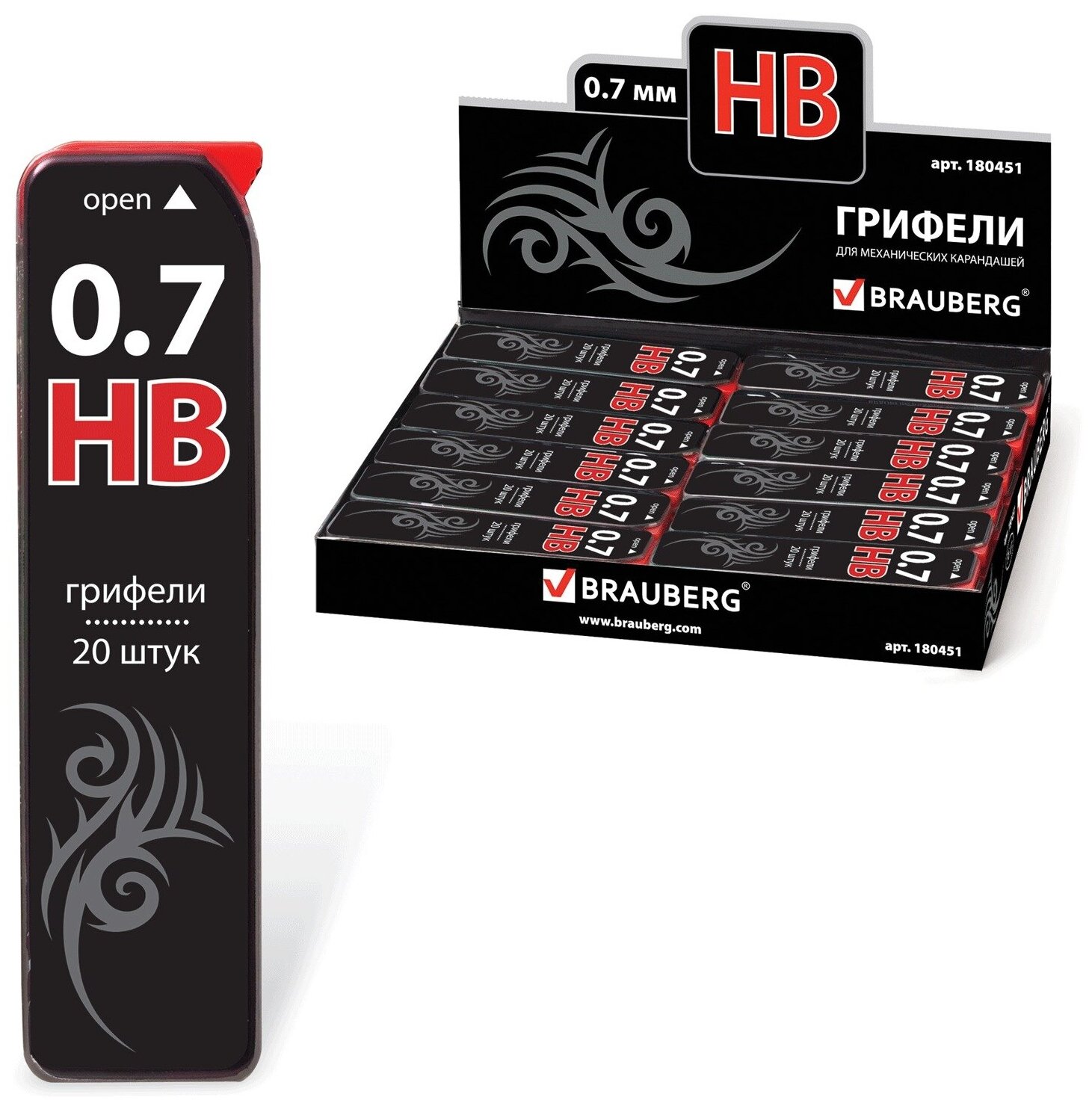 Грифели для карандаша запасные Brauberg Black Jack Hi-Polymer 0.7мм HB 20шт - фото №1