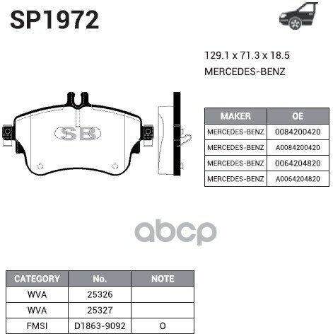 Колодки Передние Mercedes A W176, B W246 Sp1972 Sangsin brake арт. SP1972