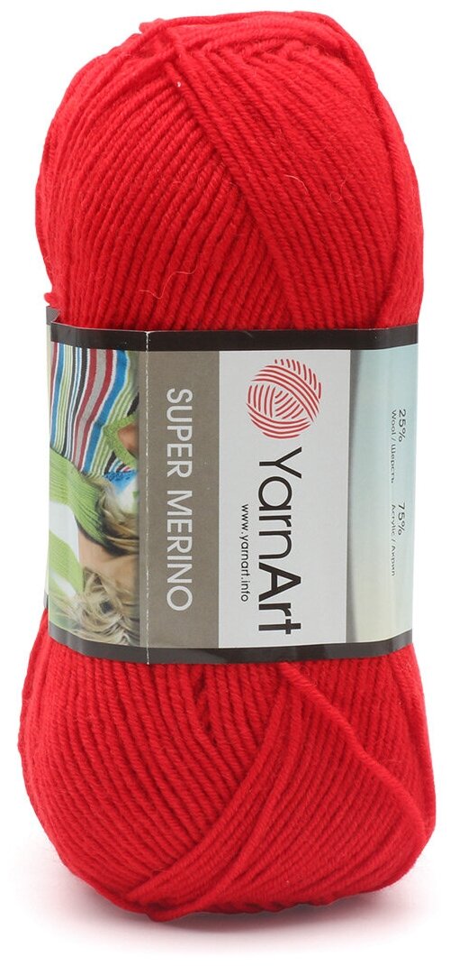 Пряжа YarnArt Super Merino, 100г, 280м (25% шерсть, 75% акрил) (251 красный), 5 мотков