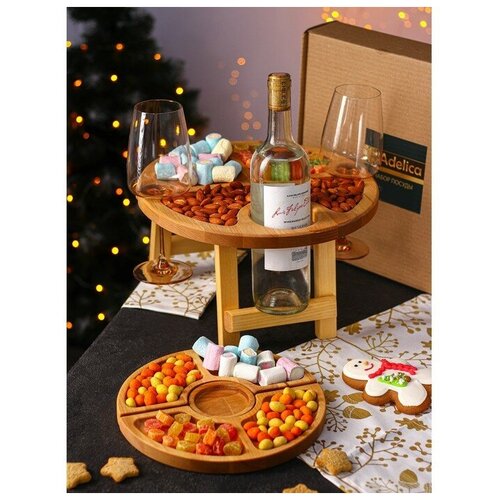 Подарочный набор деревянной посуды Винный, столик для вина d-32 см, менажница d-25 см, подсвечник d-8 см, берeза